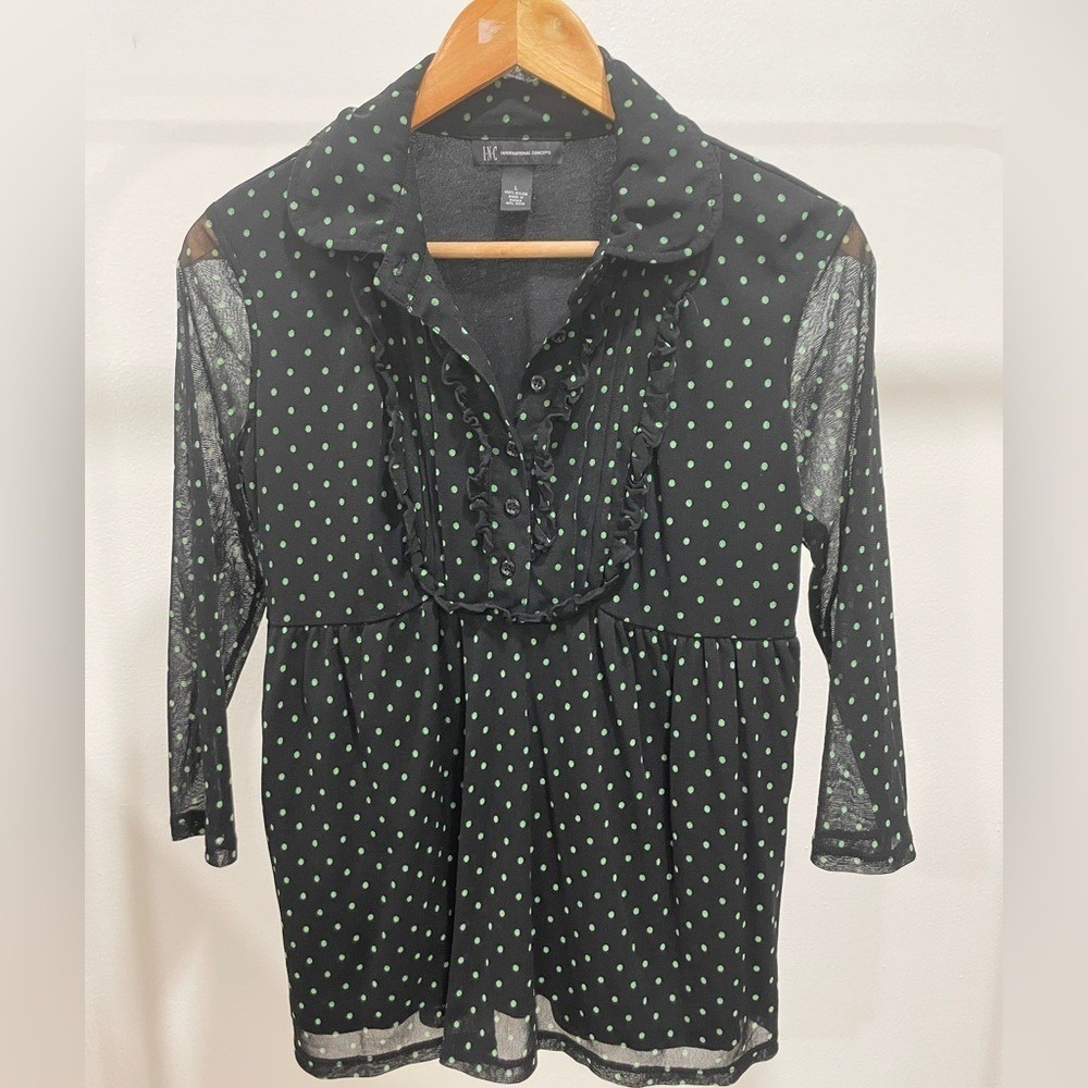 INC Polka Dot Blouse Long Sheer Sleeves Ruffle Front Babydoll Blouse Black Large